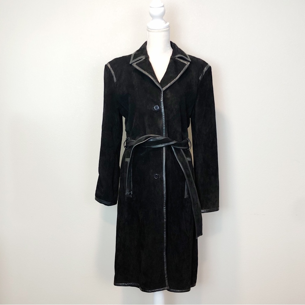 Vintage Cuero Suede Leather Black Trench Coat Belted Size Medium